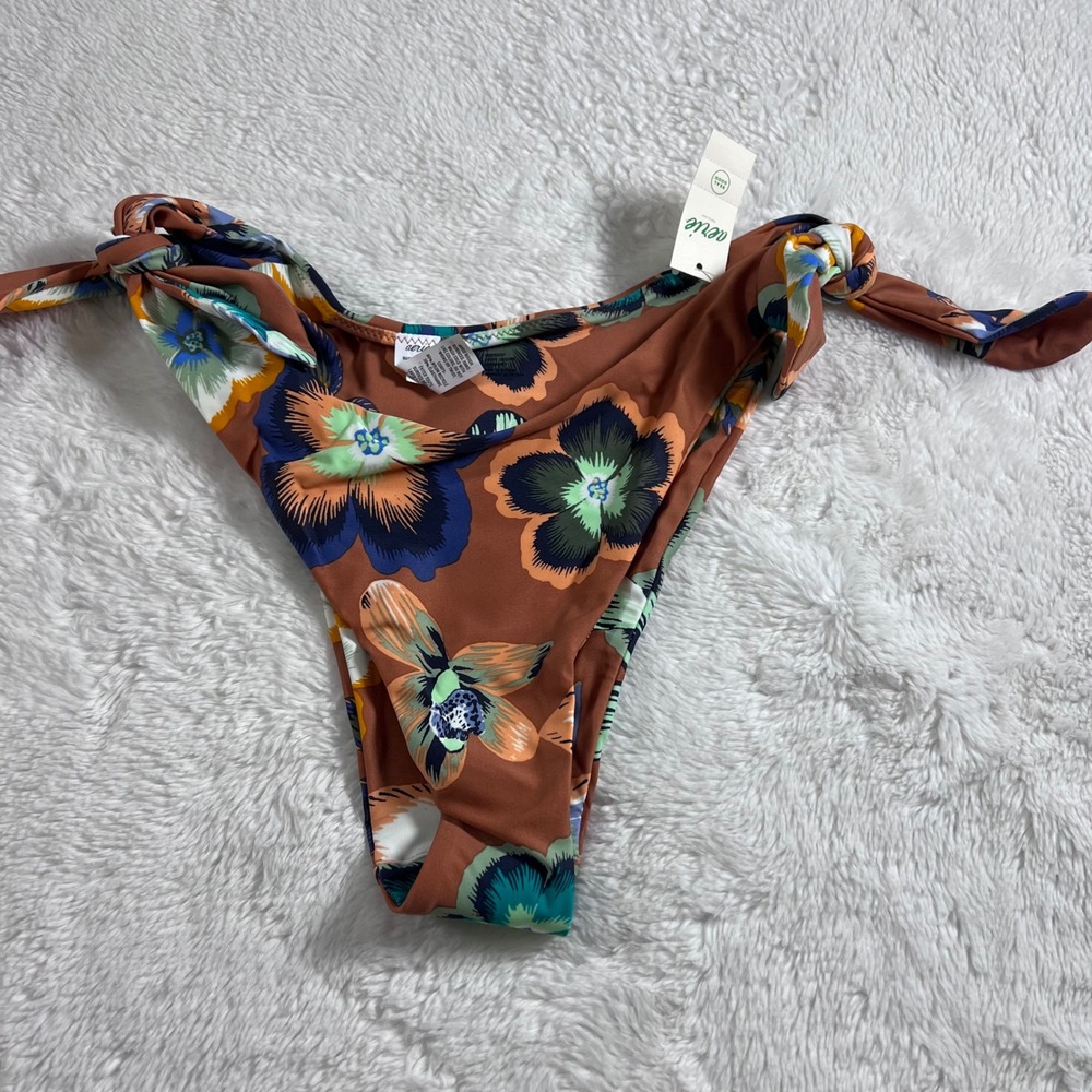 Aerie Real Good Floral High Leg Side Tie Bikini Bottom Brown Blue Green Small
